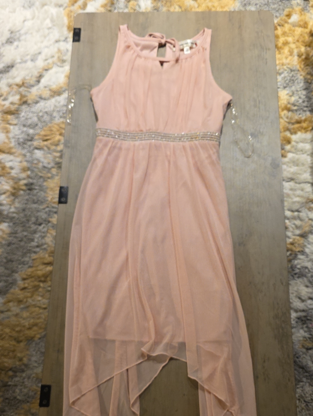 Girls' Pink Sleeveless High-Low Party Dress with Beaded Waist